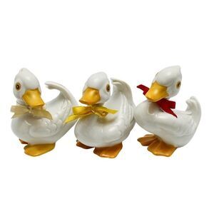 Vintage Duckling Figurines White Porcelain Set of 3 w/bows Cottagecore Kitsch